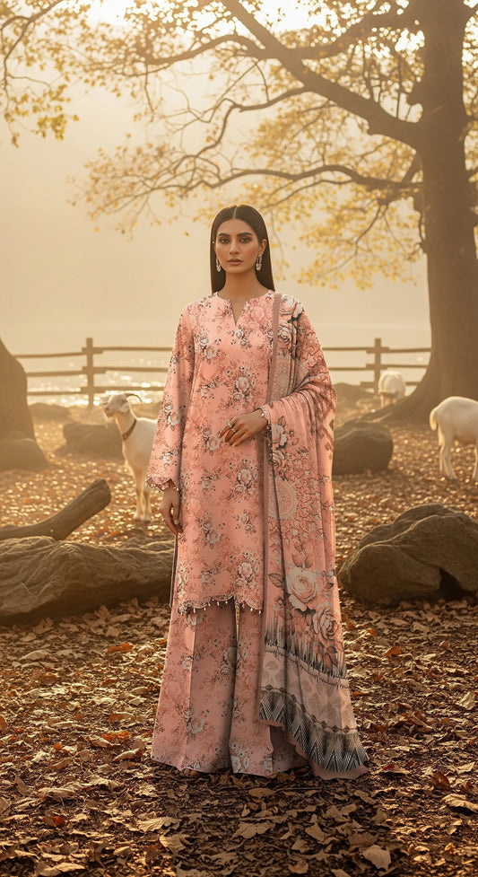 MELON PINK PRINTED KARANDI | ALLOVER | UNSTITCHED | 3 PIECE | 4501