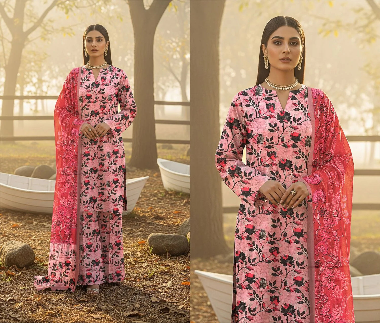 ROSE PINK PRINTED KARANDI | ALLOVER | UNSTITCHED | 3 PIECE | 4505