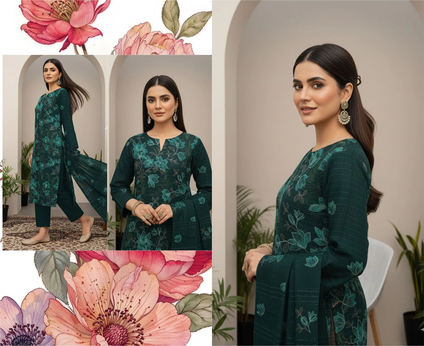 GREEN DARK DHANAK EMBROIDERED | 3 PIECE | UNSTITCHED | 380a