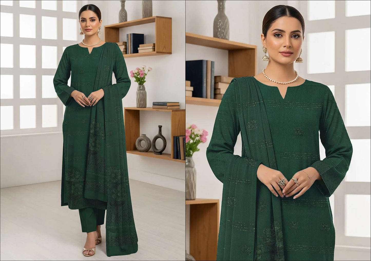 DARK GREEN  JAQUARD DHANAK | VELVET APLAC | 3 PIECE | 4402