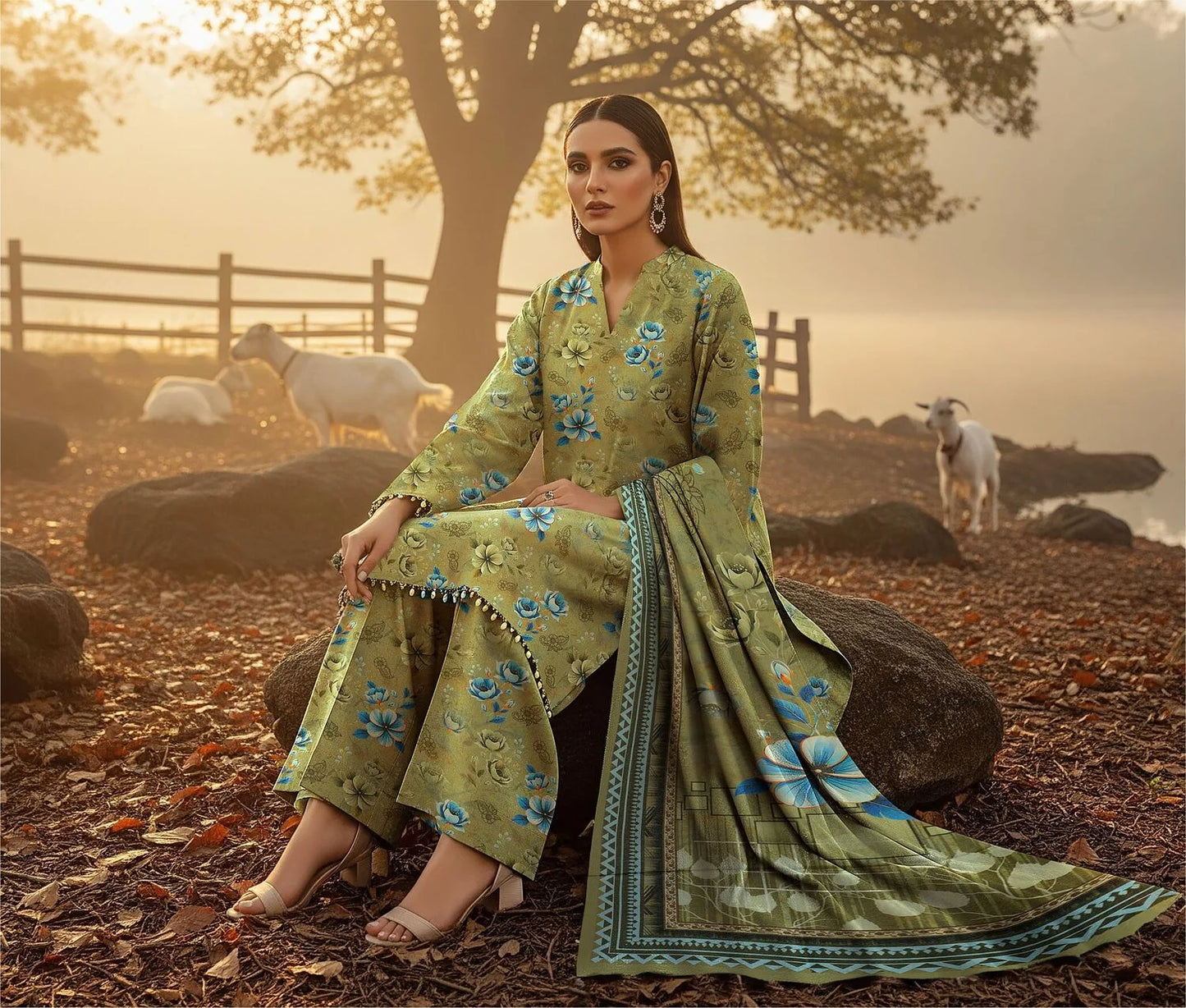 OLIVE GREEN PRINTED KARANDI | ALLOVER | UNSTITCHED | 3 PIECE | 4506