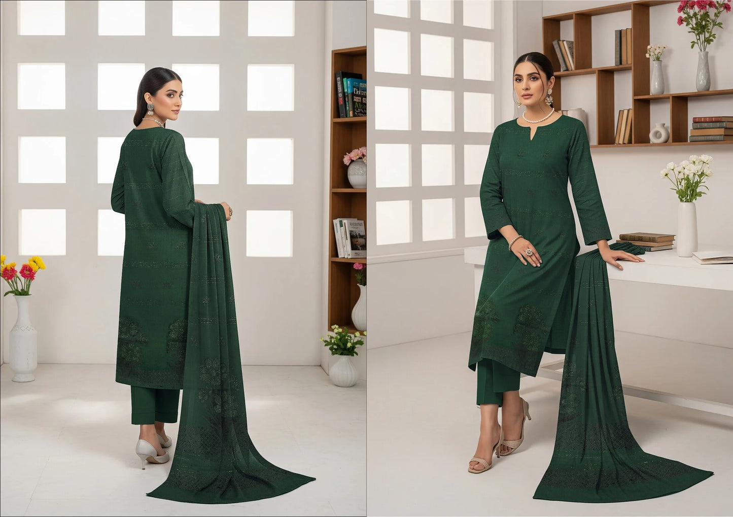DARK GREEN  JAQUARD DHANAK | VELVET APLAC | 3 PIECE | 4402