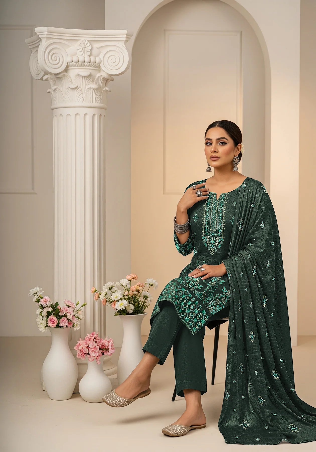 BEATLE GREEN DHANAK EMBROIDERED | 3 PIECE | UNSTITCHED | 3906