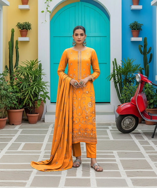 MUSTARD GOLD DHANAK EMBROIDERED | 3 PIECE | UNSTITCHED | 3803