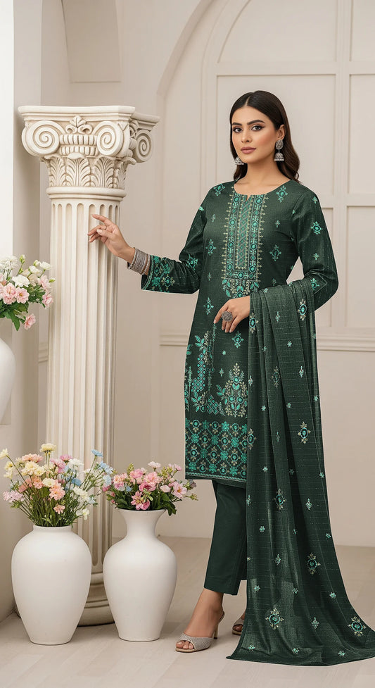 BEATLE GREEN DHANAK EMBROIDERED | 3 PIECE | UNSTITCHED | 3906
