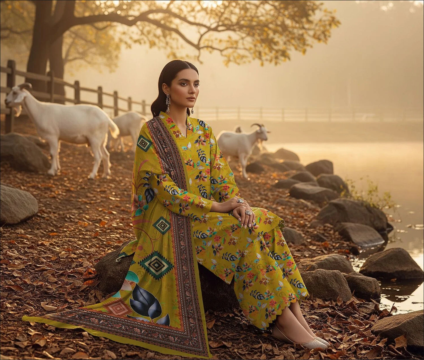 MUSTARD GREEN PRINTED KARANDI | ALLOVER | UNSTITCHED | 3 PIECE | 4508