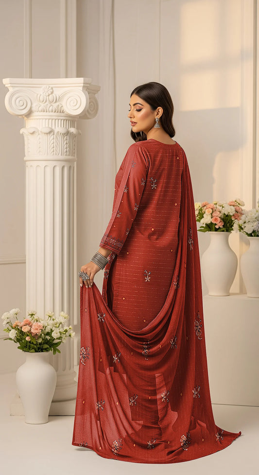 RUST BROWN DHANAK EMBROIDERED | 3 PIECE | UNSTITCHED | 3905