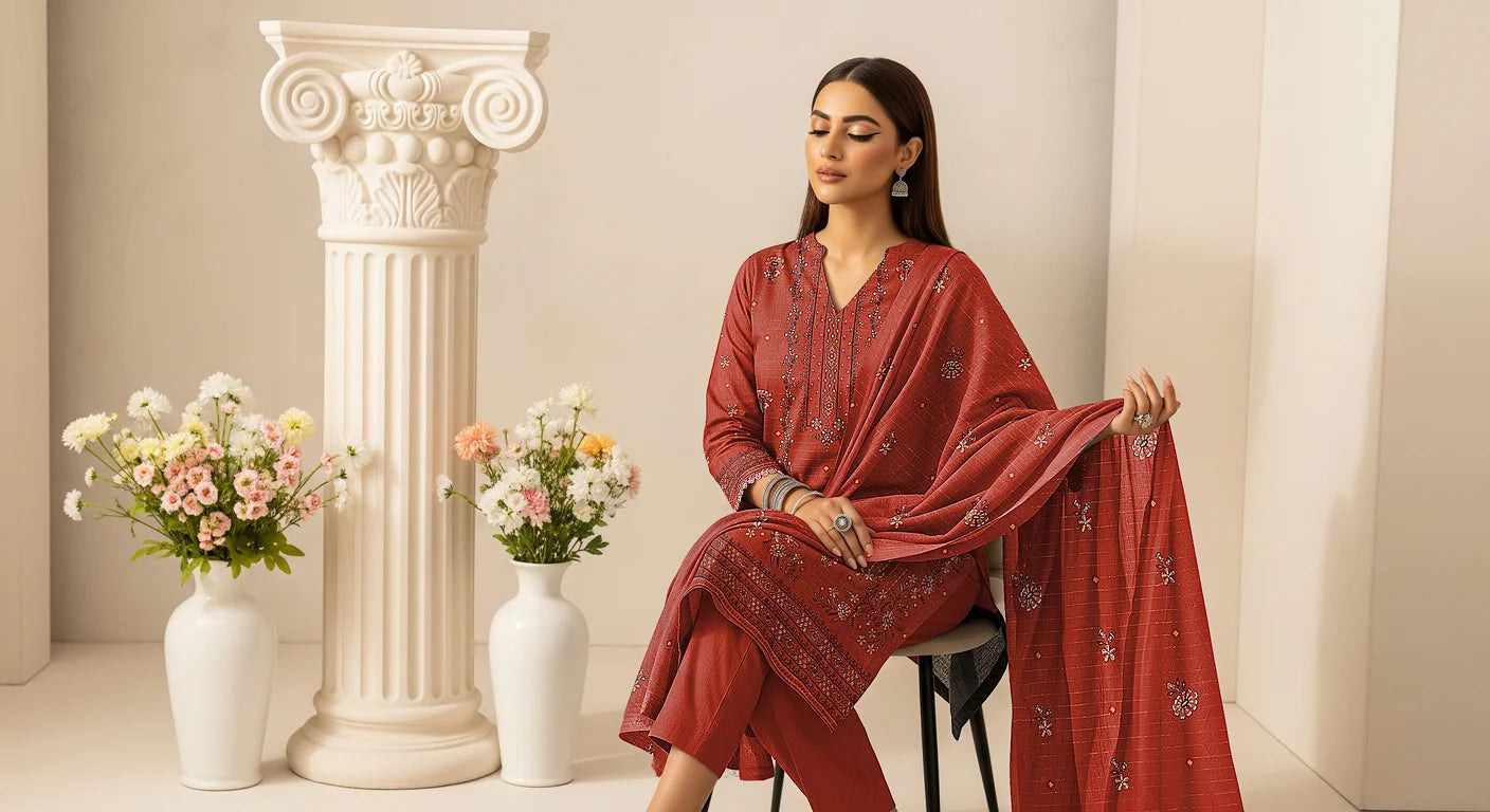 RUST BROWN DHANAK EMBROIDERED | 3 PIECE | UNSTITCHED | 3905