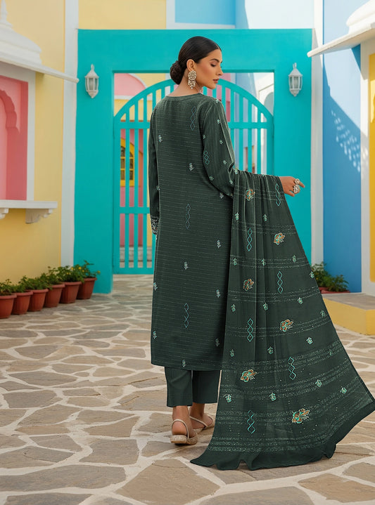 GREEN DARK DHANAK EMBROIDERED | 3 PIECE | UNSTITCHED | 3802