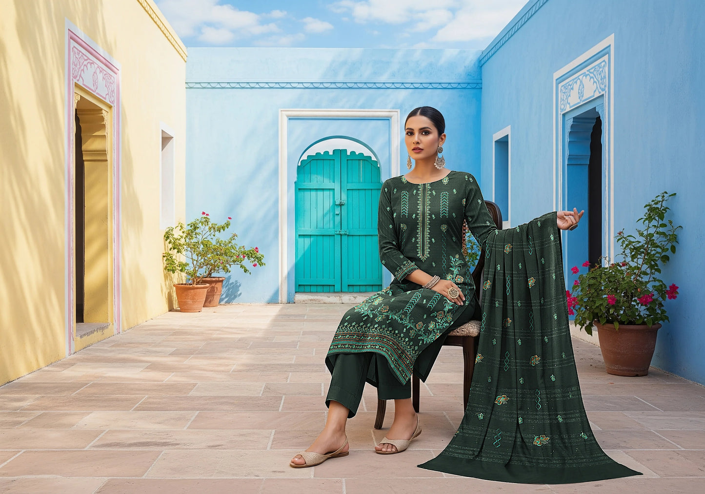 GREEN DARK DHANAK EMBROIDERED | 3 PIECE | UNSTITCHED | 3802