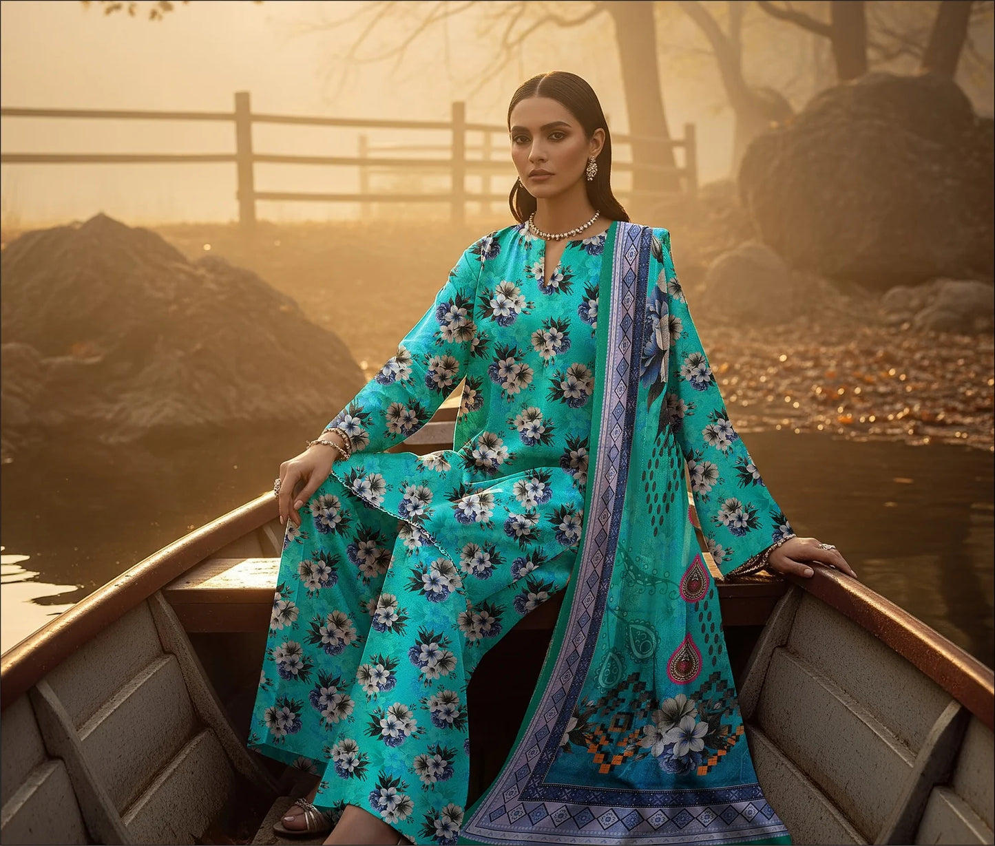 TEAL PRINTED KARANDI | ALLOVER | UNSTITCHED | 3 PIECE | 4502