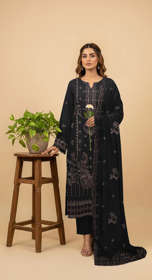BLACK DHANAK EMBROIDERED | 3 PIECE | UNSTITCHED | 4305