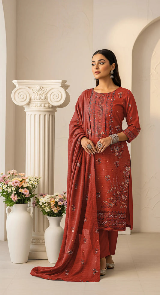 RUST BROWN DHANAK EMBROIDERED | 3 PIECE | UNSTITCHED | 3905