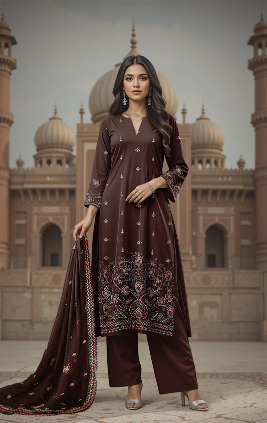 BROWN VISCOSE EMBROIDERED | 3 PIECE | UNSTITCHED | 3505