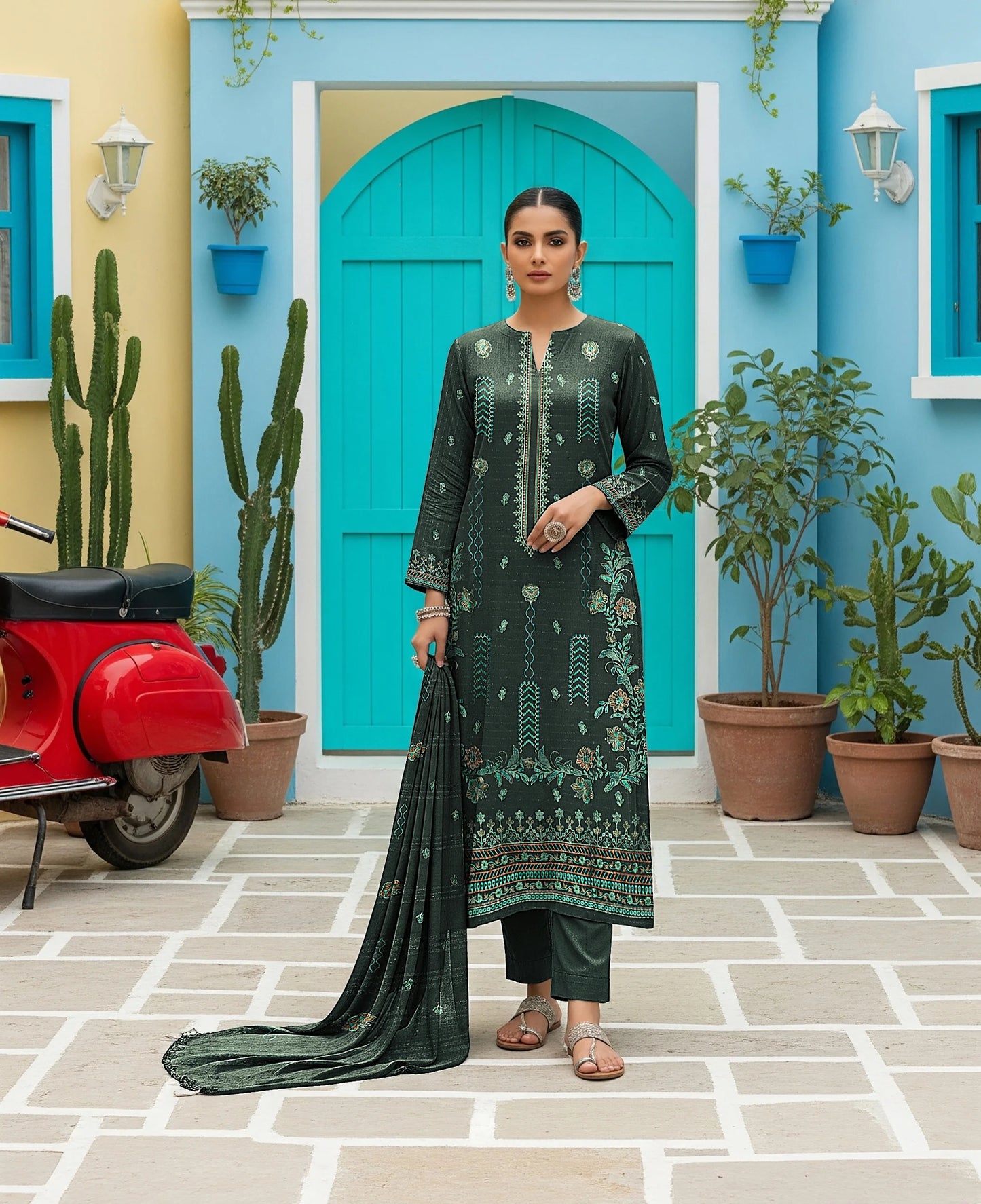 GREEN DARK DHANAK EMBROIDERED | 3 PIECE | UNSTITCHED | 3802