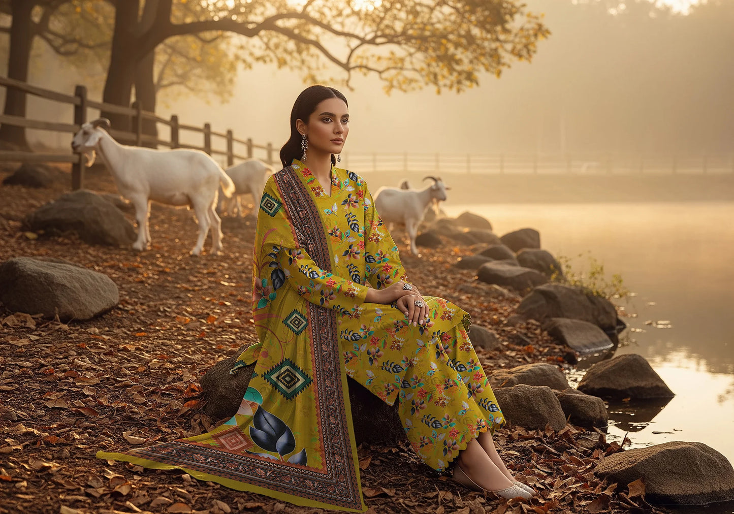 MUSTARD GREEN PRINTED KARANDI | ALLOVER | UNSTITCHED | 3 PIECE | 4508