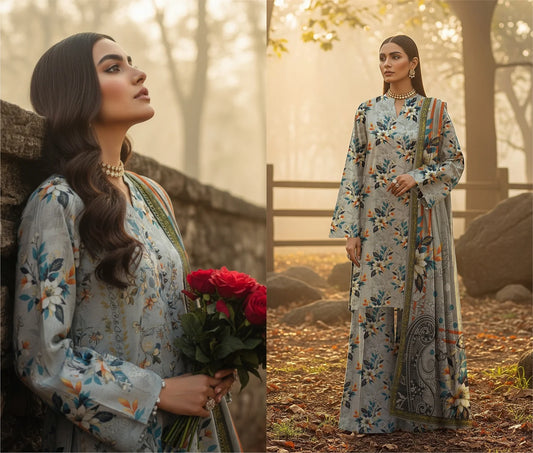 GREY CLOUD PRINTED KARANDI | ALLOVER | UNSTITCHED | 3 PIECE | 4503