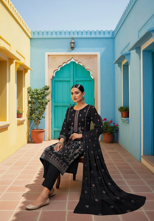 BLACK DHANAK EMBROIDERED | 3 PIECE | UNSTITCHED | 3806