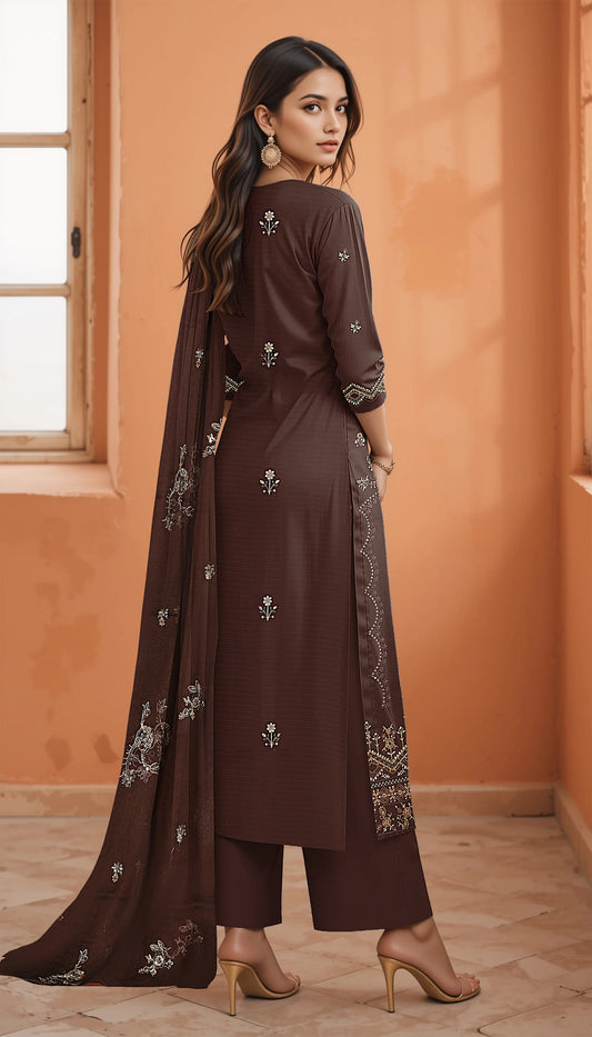 DARK BROWN VISCOSE EMBROIDERED | 3 PIECE | UNSTITCHED | 3603