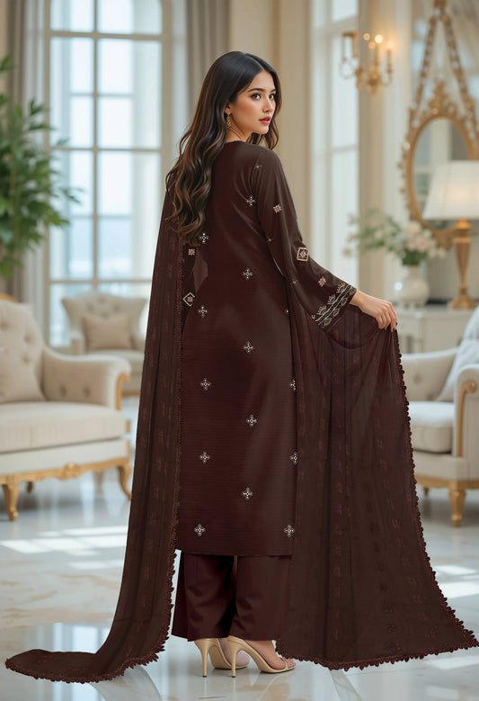 BROWN VISCOSE EMBROIDERED | 3 PIECE | UNSTITCHED | 320B