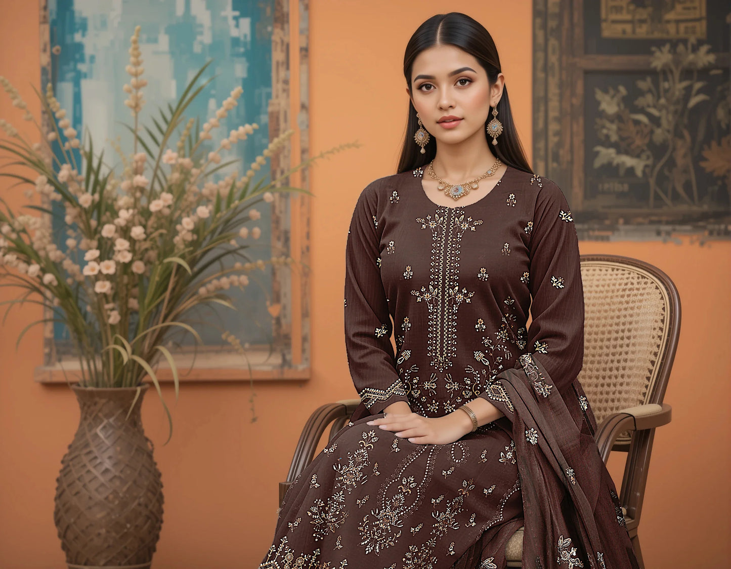 DARK BROWN VISCOSE EMBROIDERED | 3 PIECE | UNSTITCHED | 3603