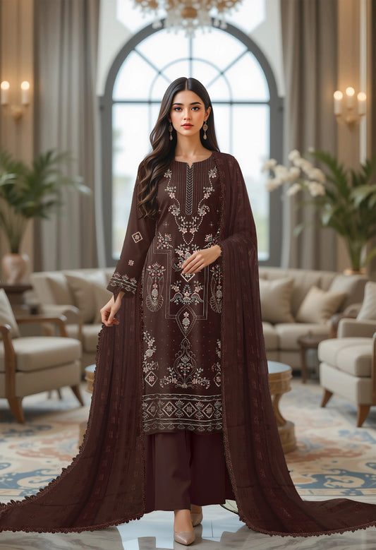BROWN VISCOSE EMBROIDERED | 3 PIECE | UNSTITCHED | 320B