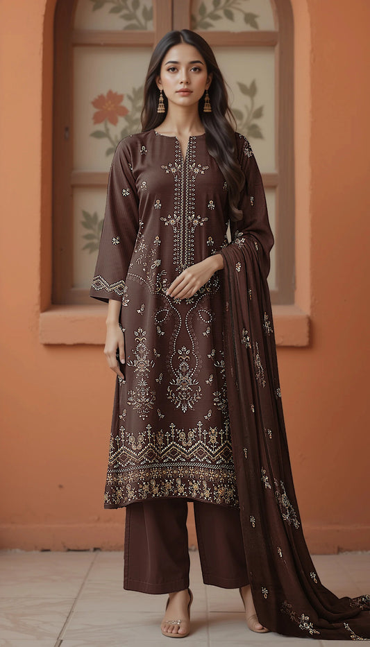 DARK BROWN VISCOSE EMBROIDERED | 3 PIECE | UNSTITCHED | 3603