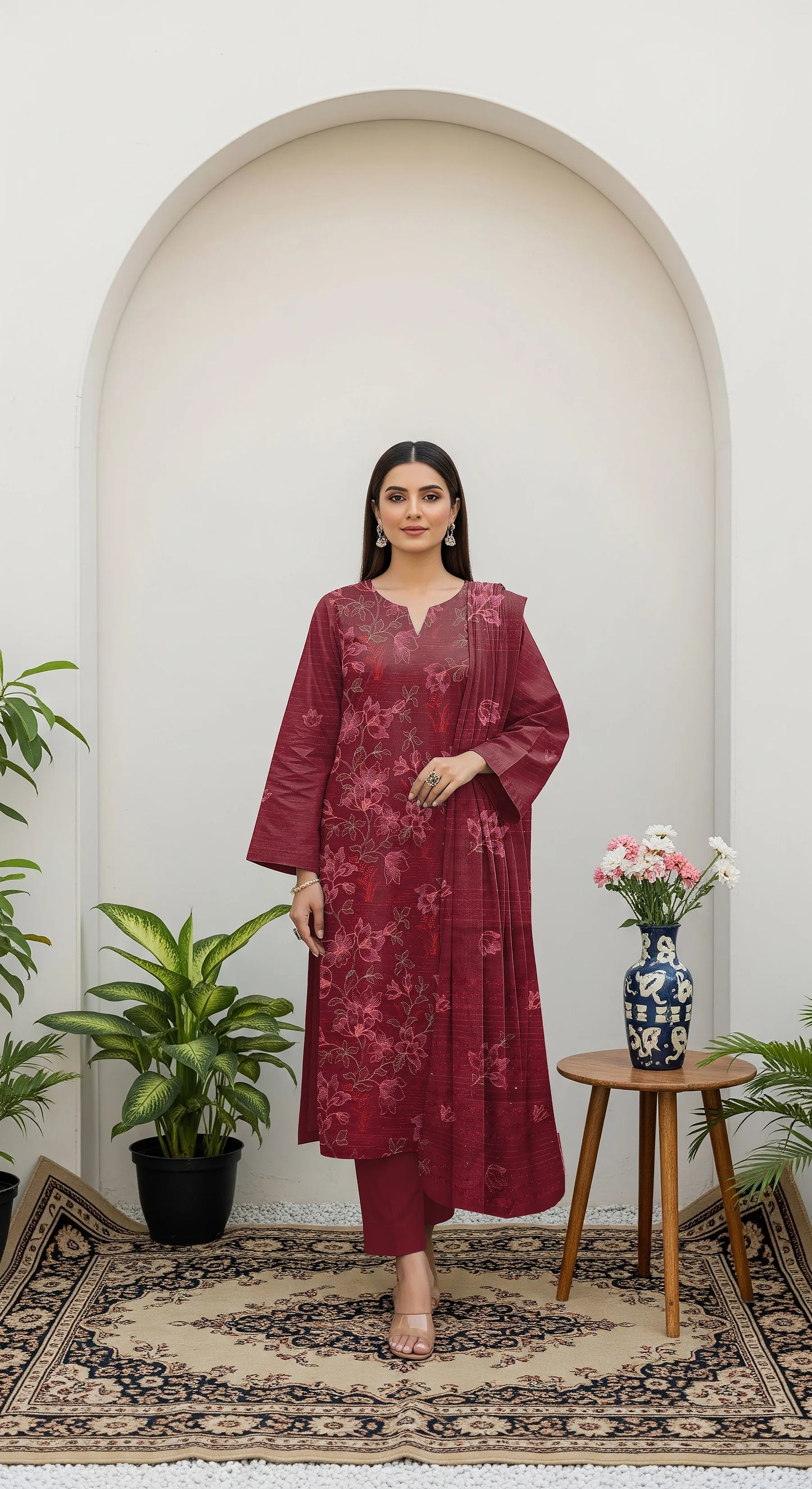 MAROON DHANAK EMBROIDERED | 3 PIECE | UNSTITCHED | 380b