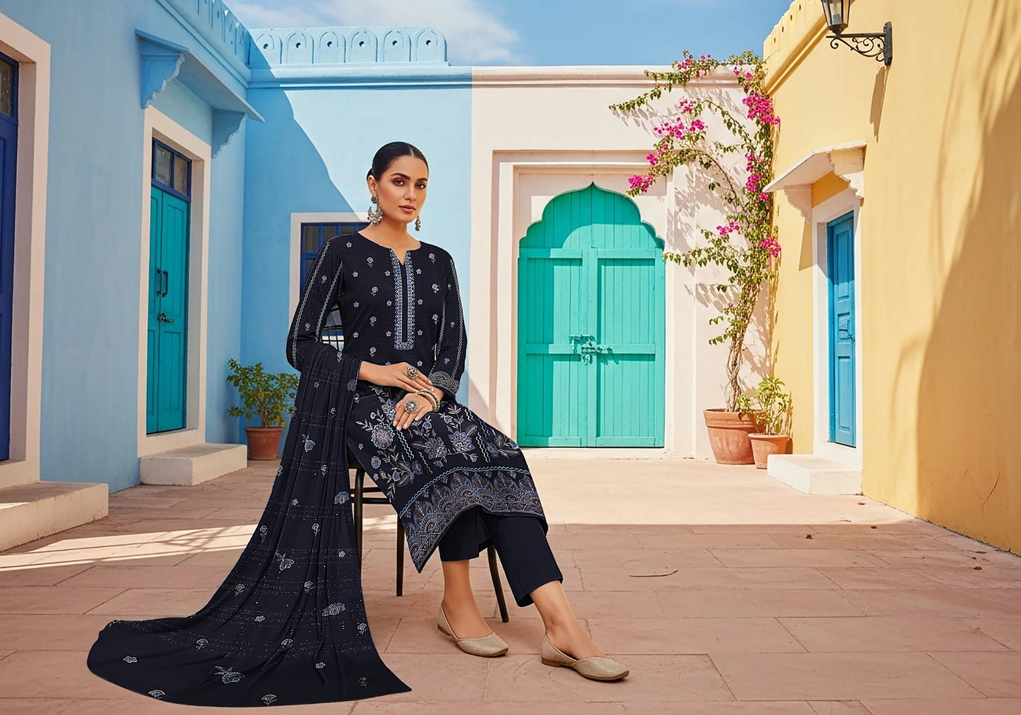 BLUE DARK DHANAK EMBROIDERED | 3 PIECE | UNSTITCHED | 3805