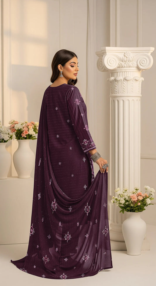 DARK PURPLE DHANAK EMBROIDERED | 3 PIECE | UNSTITCHED | 3902