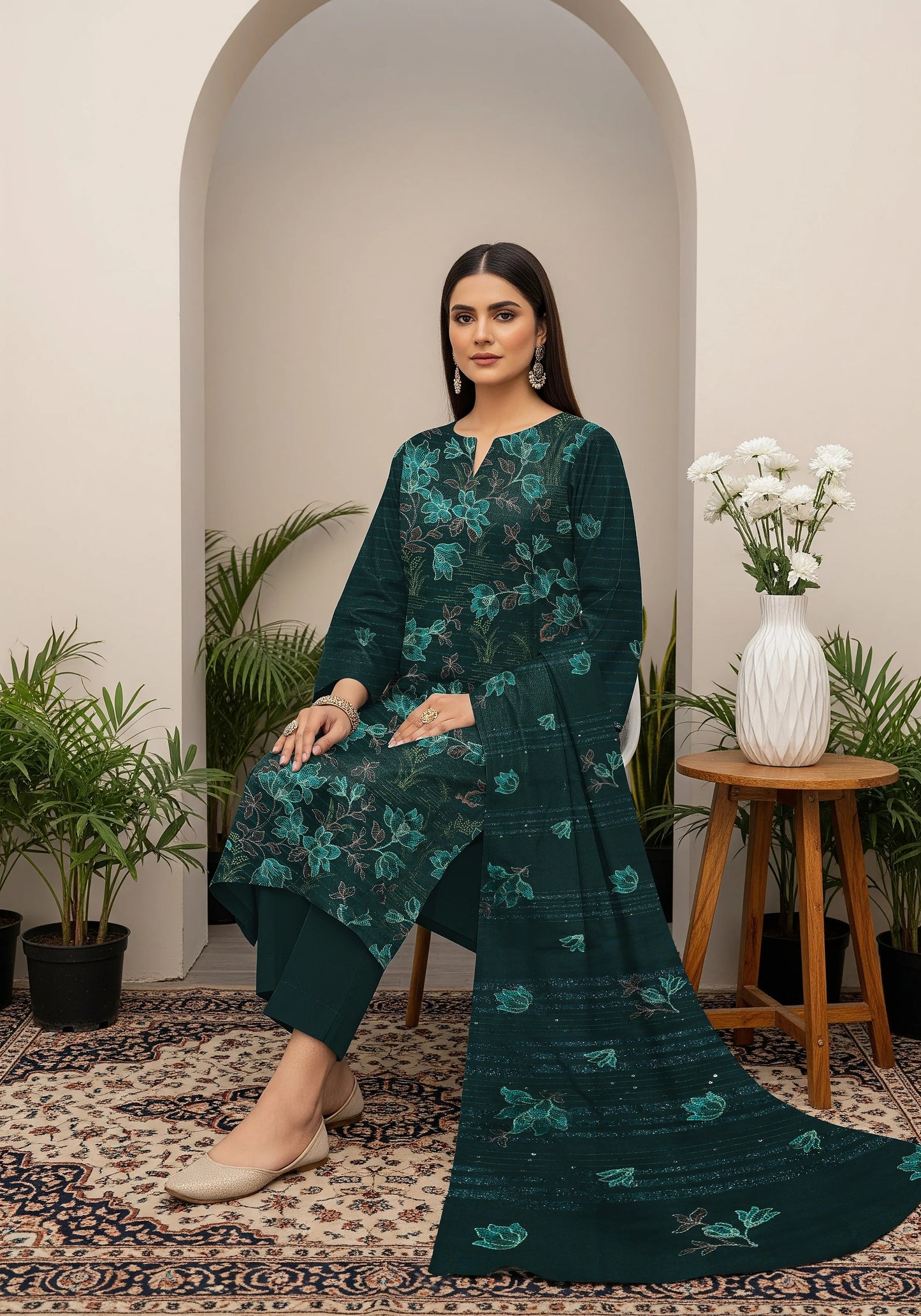 GREEN DARK DHANAK EMBROIDERED | 3 PIECE | UNSTITCHED | 380a