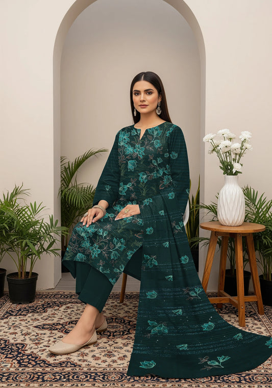 GREEN DARK DHANAK EMBROIDERED | 3 PIECE | UNSTITCHED | 380a