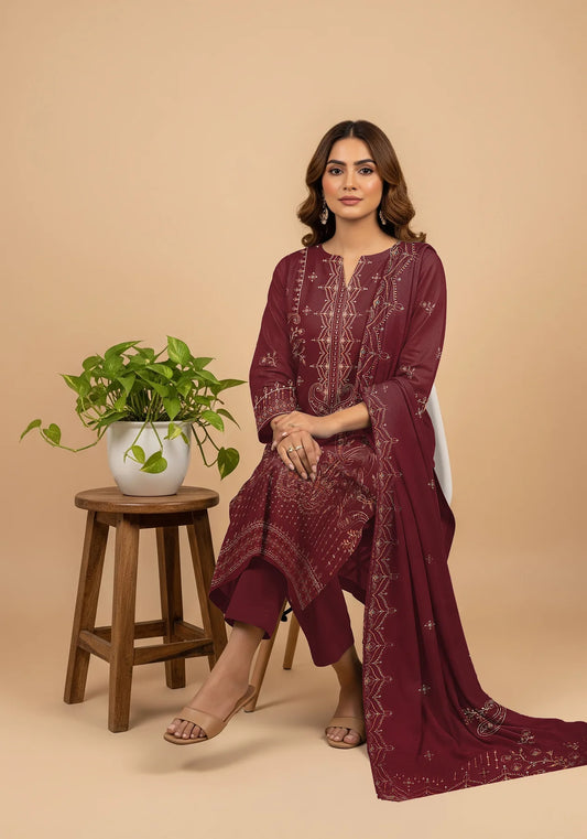 MAROON DHANAK EMBROIDERED | 3 PIECE | UNSTITCHED | 4302