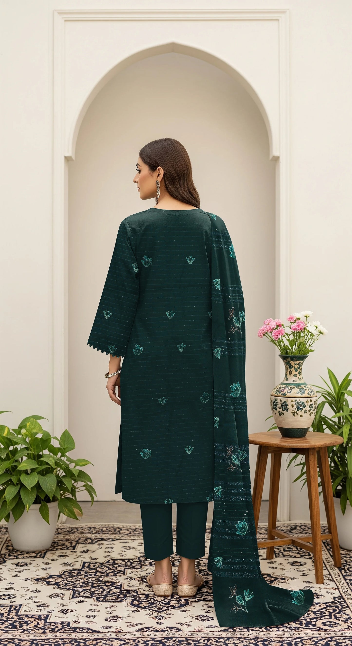GREEN DARK DHANAK EMBROIDERED | 3 PIECE | UNSTITCHED | 380a