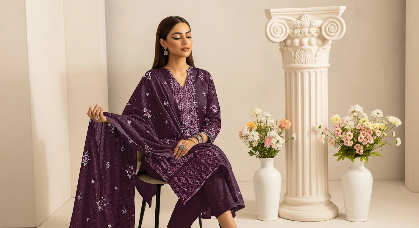 DARK PURPLE DHANAK EMBROIDERED | 3 PIECE | UNSTITCHED | 3902