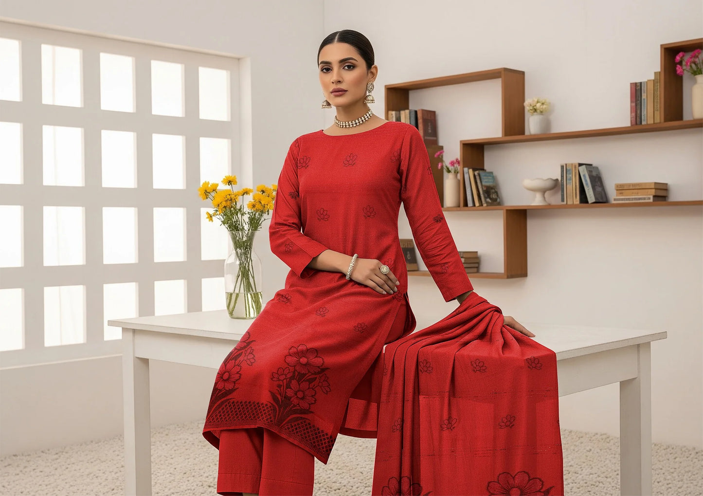 RED JAQUARD DHANAK | VELVET APLAC | 3 PIECE | 4403