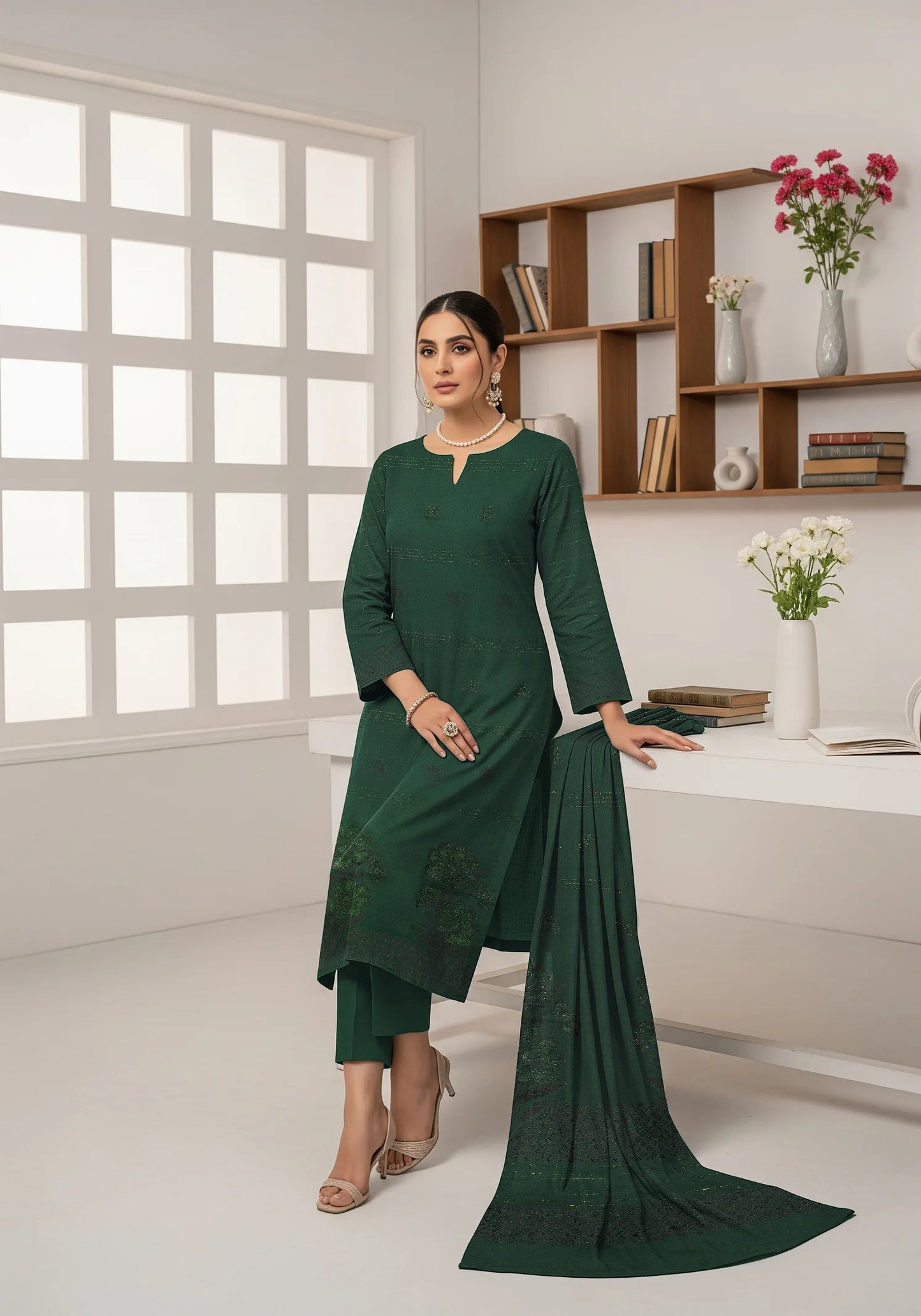 DARK GREEN  JAQUARD DHANAK | VELVET APLAC | 3 PIECE | 4402