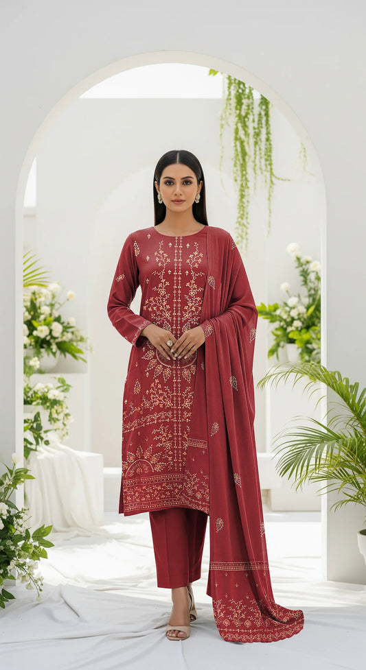 MAROON DHANAK EMBROIDERED | 3 PIECE | UNSTITCHED | 4105