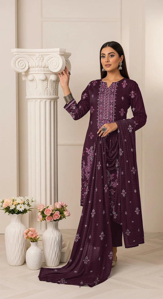 DARK PURPLE DHANAK EMBROIDERED | 3 PIECE | UNSTITCHED | 3902