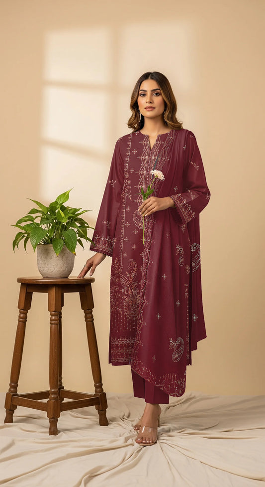 MAROON DHANAK EMBROIDERED | 3 PIECE | UNSTITCHED | 4302