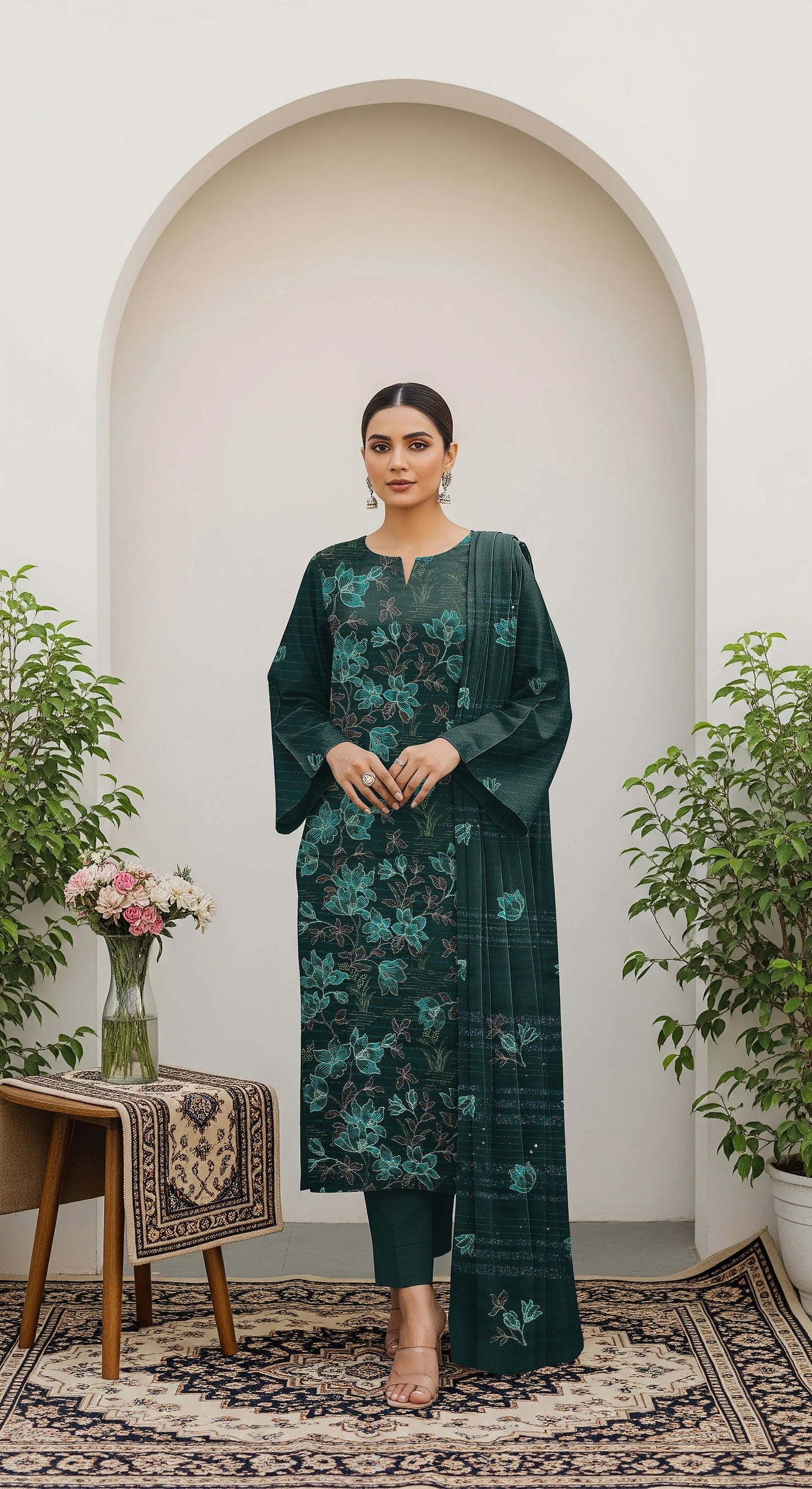 GREEN DARK DHANAK EMBROIDERED | 3 PIECE | UNSTITCHED | 380a