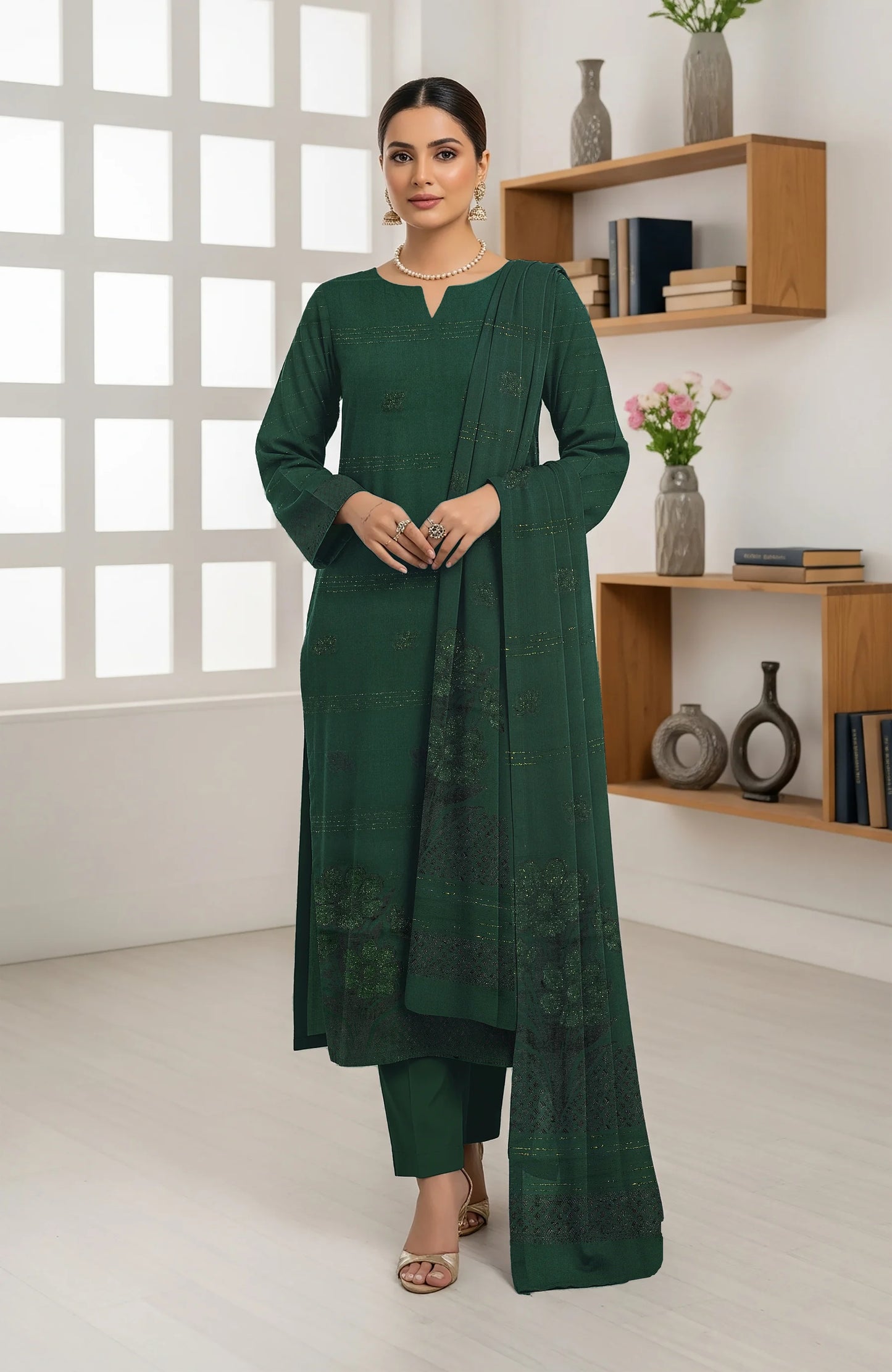 DARK GREEN  JAQUARD DHANAK | VELVET APLAC | 3 PIECE | 4402