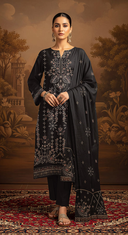 NIGHT BLACK DHANAK EMBROIDERED | 3 PIECE | UNSTITCHED | 4002