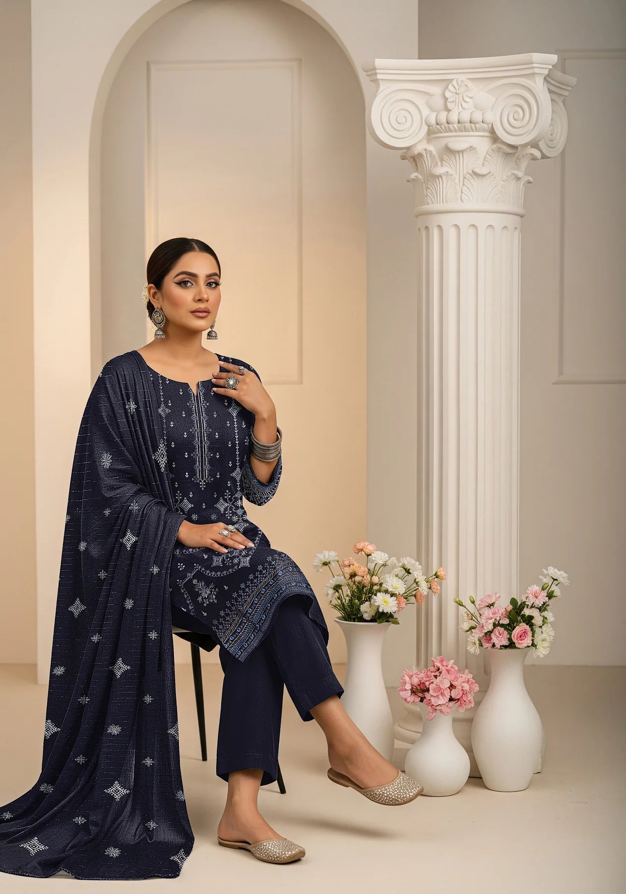 DARK BLUE DHANAK EMBROIDERED | 3 PIECE | UNSTITCHED | 3901