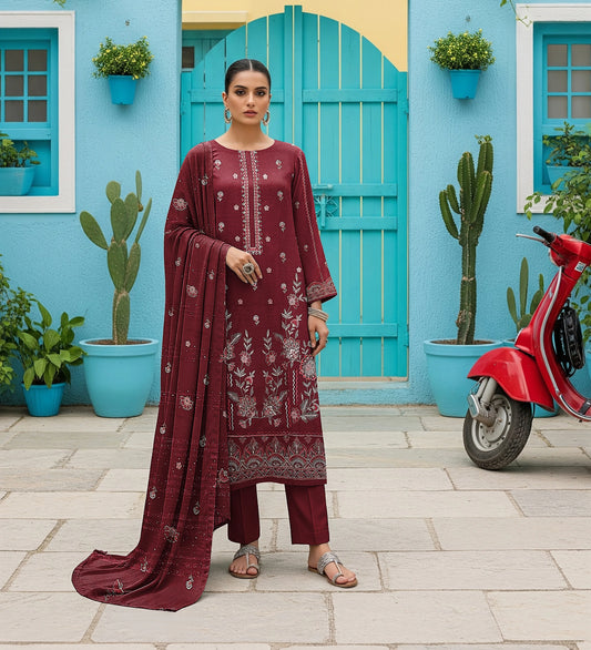 MAROON DHANAK EMBROIDERED | 3 PIECE | UNSTITCHED | 3804