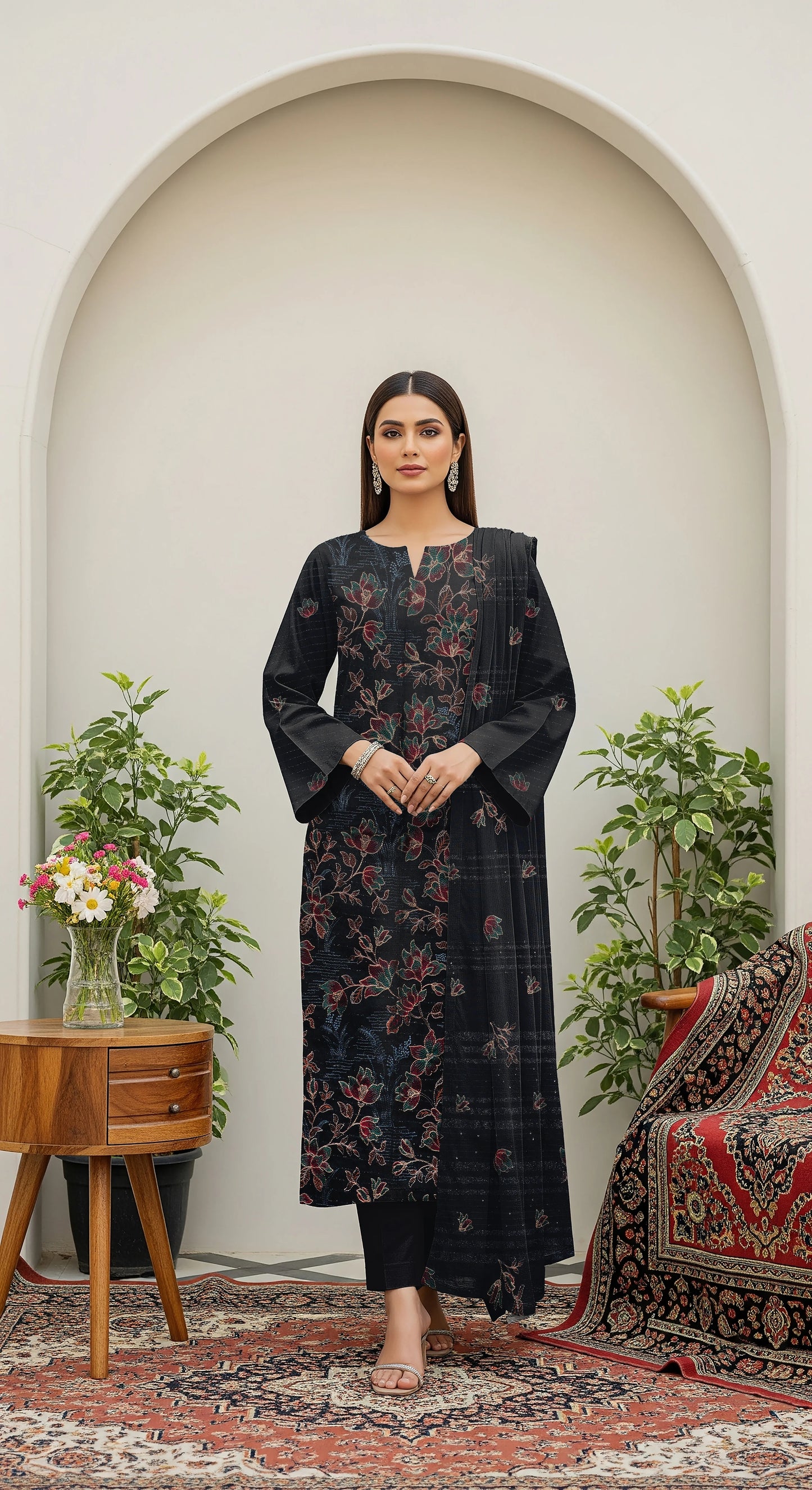 BLACK DHANAK EMBROIDERED | 3 PIECE | UNSTITCHED | 380x