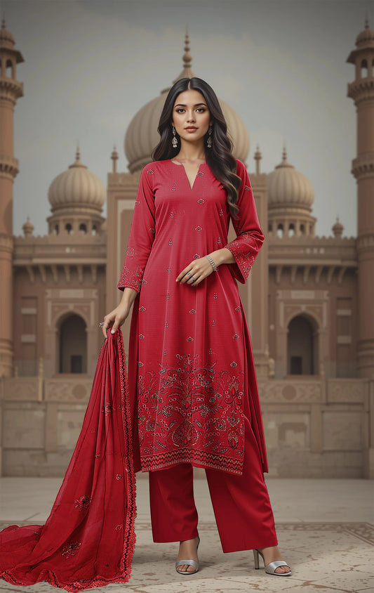 DEEP RED VISCOSE EMBROIDERED | 3 PIECE | UNSTITCHED | 3501