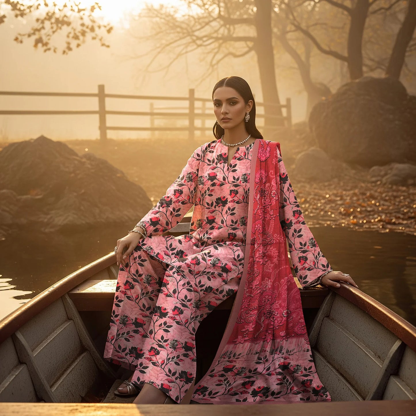 ROSE PINK PRINTED KARANDI | ALLOVER | UNSTITCHED | 3 PIECE | 4505