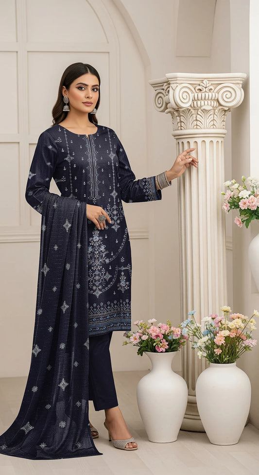 DARK BLUE DHANAK EMBROIDERED | 3 PIECE | UNSTITCHED | 3901