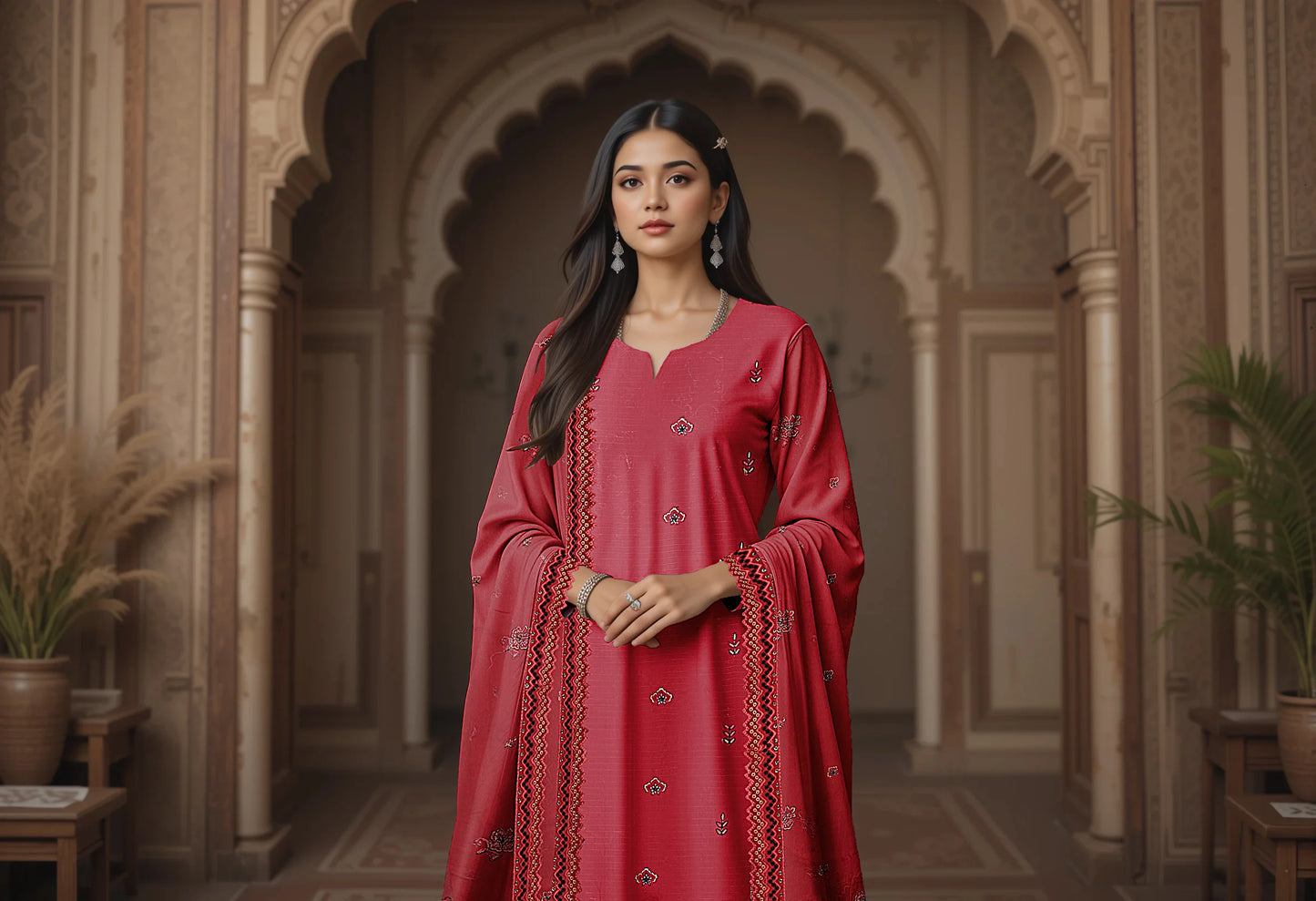 DEEP RED VISCOSE EMBROIDERED | 3 PIECE | UNSTITCHED | 3501
